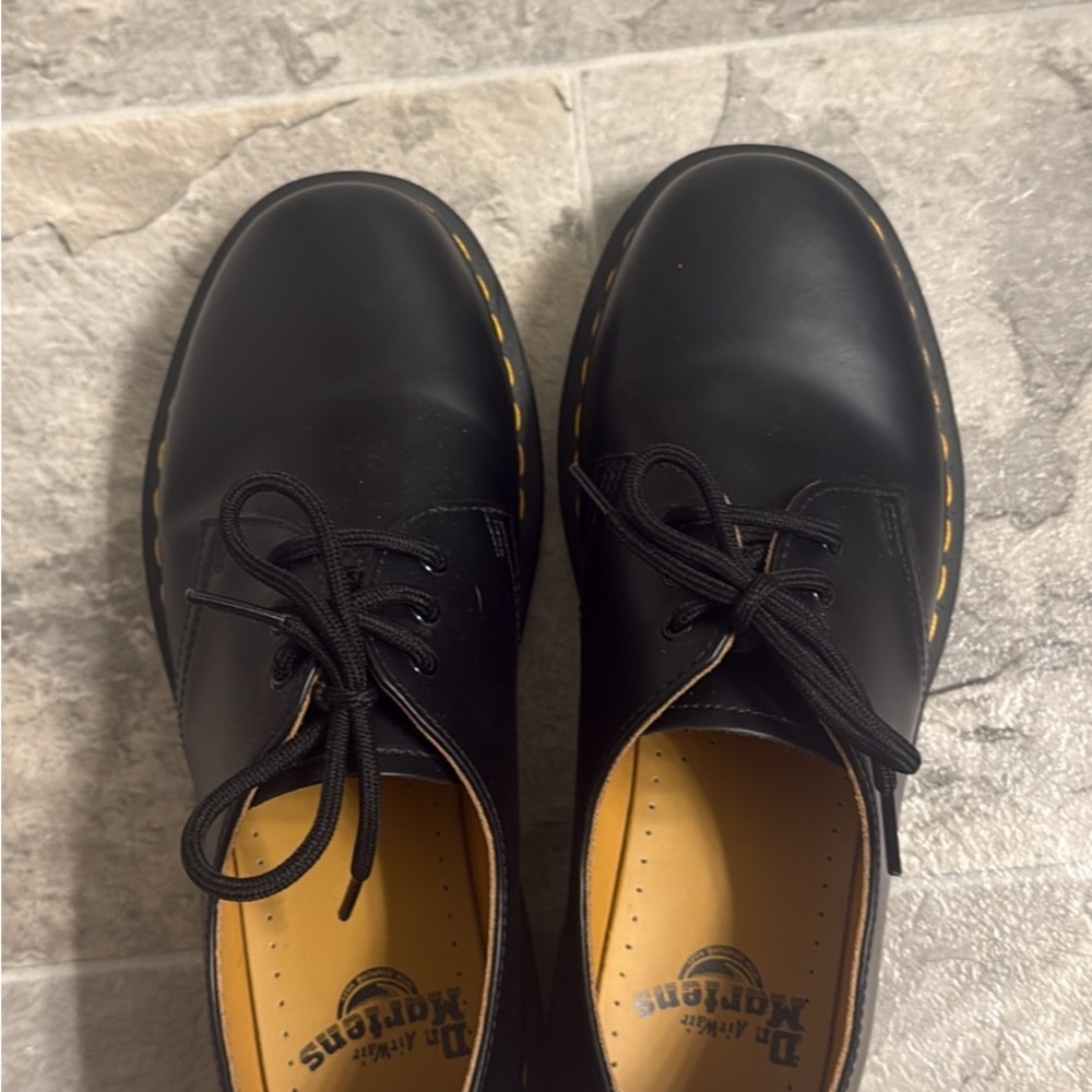 Dr. Martens Black Leather Oxfords with Yellow Stitching